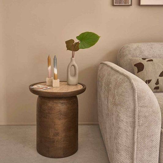 Table d'appoint en bois de manguier et travertin ronde
