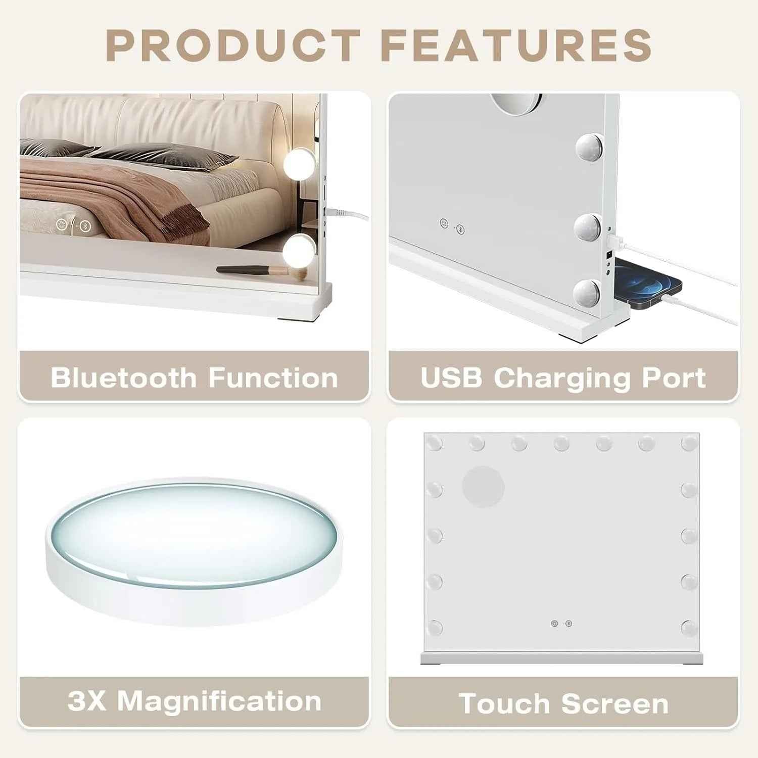 Bluetooth Speaker Hollywood Vanity Mirror with Lights – 58×45cm Large LED Makeup Mirror, 15 Dimmable Bulbs, 3 Color Modes & USB Port