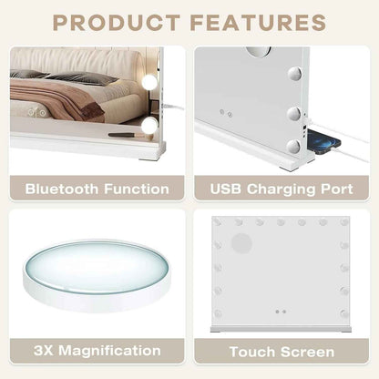 Bluetooth Speaker Hollywood Vanity Mirror with Lights – 58×45cm Large LED Makeup Mirror, 15 Dimmable Bulbs, 3 Color Modes & USB Port