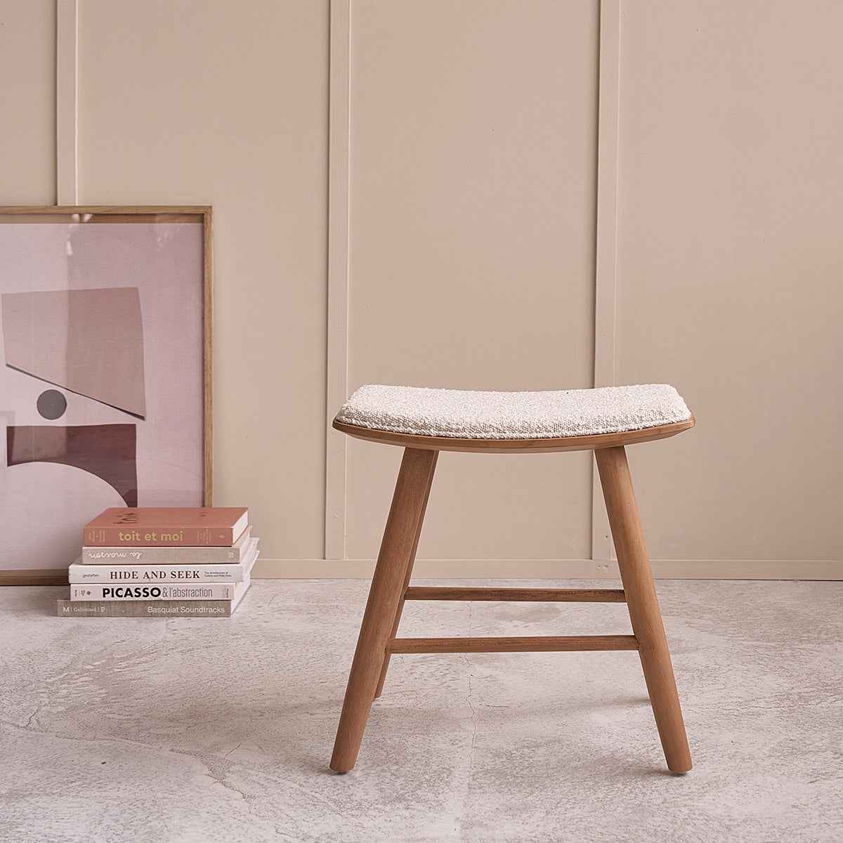 Tabouret en teck massif assise bouclette 45 cm