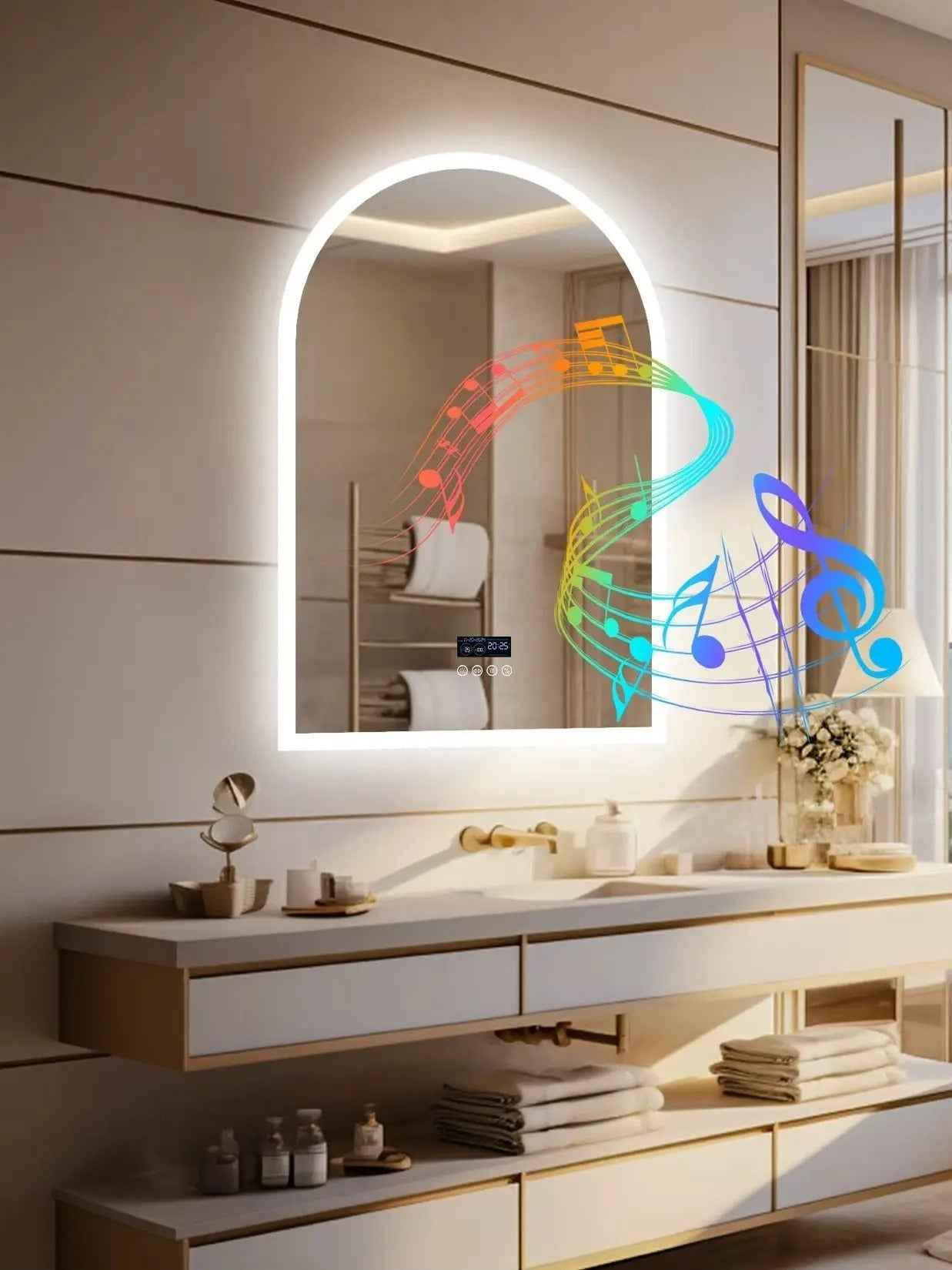 Arched LED Backlit Bluetooth Bathroom Mirror – 24x36" Dimmable, Fogless Vanity Mirror with Time & Temperature Display