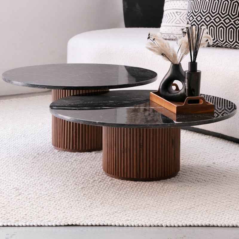 Duo de Tables Basses Nero en Marbre Noir et Bardage Bois Massif - The Miroir