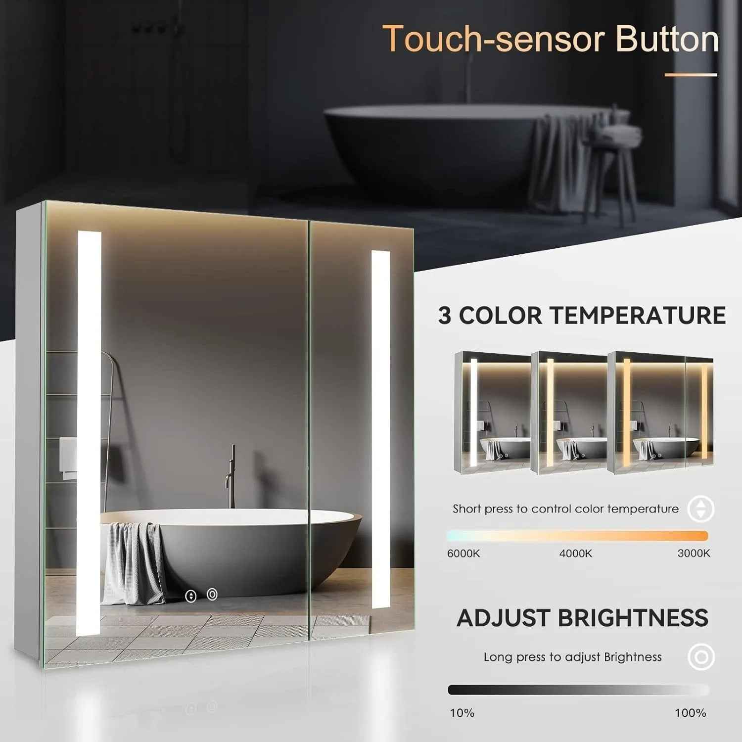 2-Door LED Bathroom Mirror Cabinet with Shaver Socket, 3-Color Dimmable Lighting & Demister Pad