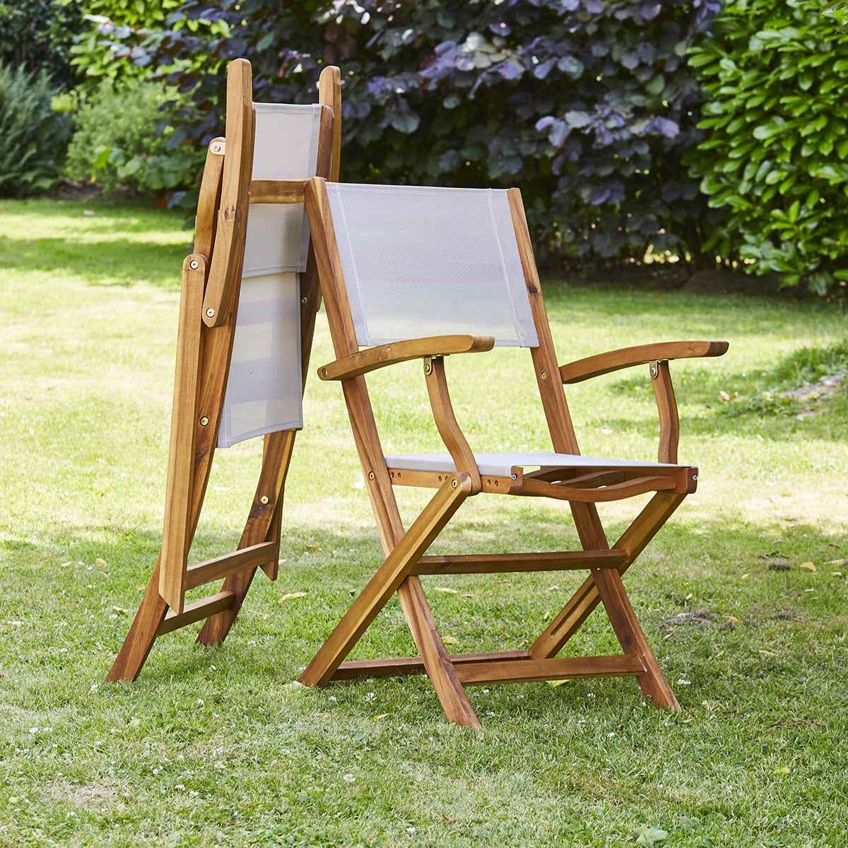 Fauteuil de jardin pliant en acacia massif et textilène gris
