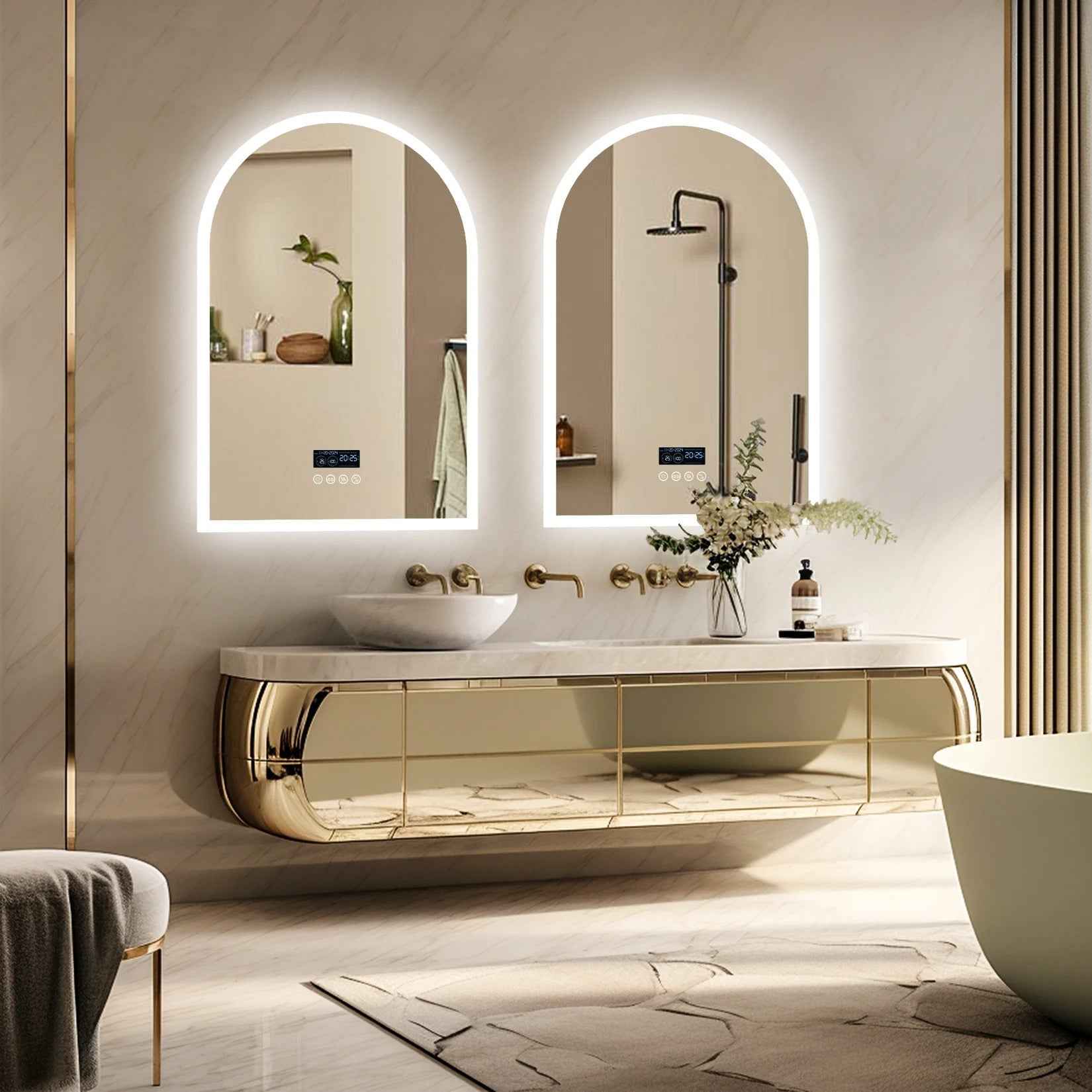 Arched LED Backlit Bluetooth Bathroom Mirror – 24x36" Dimmable, Fogless Vanity Mirror with Time & Temperature Display