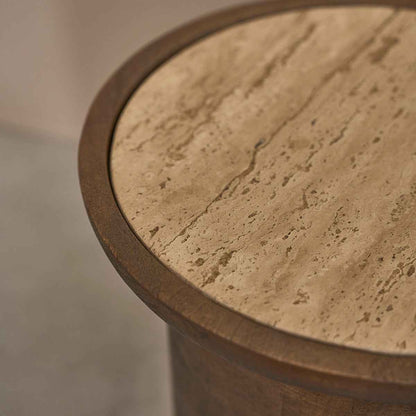Table d'appoint en bois de manguier et travertin ronde