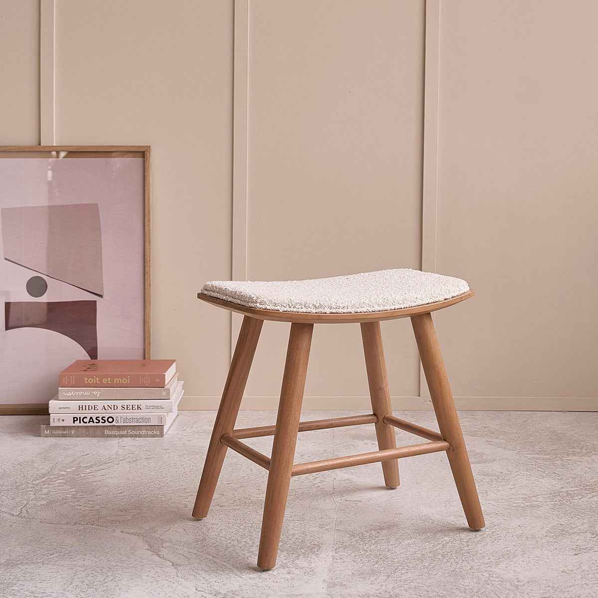 Tabouret en teck massif assise bouclette 45 cm