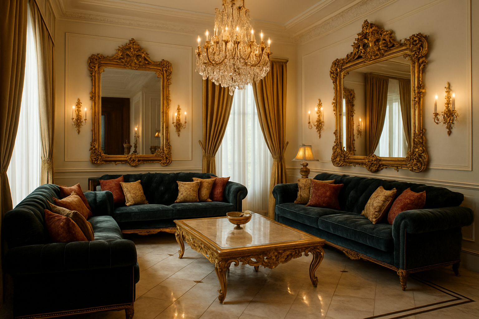 lux house inside showing canapes and miroir