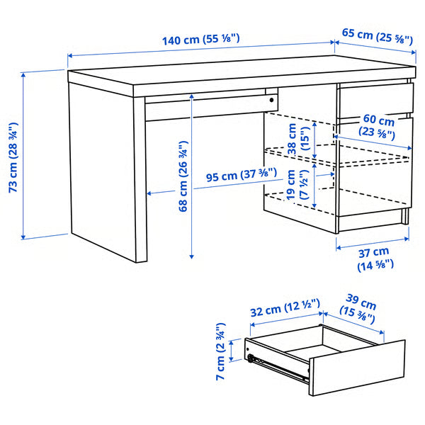 MALM Bureau, blanc, 140x65 cm