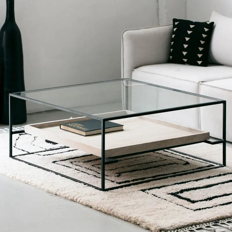 Table Basse Talia en Verre et Travertin - The Miroir