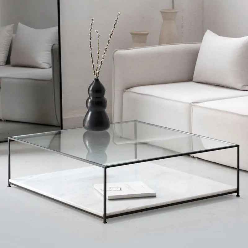 Table Basse en Verre et Marbre Blanc - Lemiroir.ma