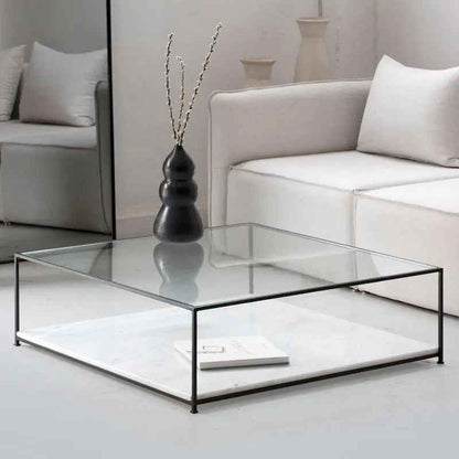 Table Basse en Verre et Marbre Blanc - Lemiroir.ma